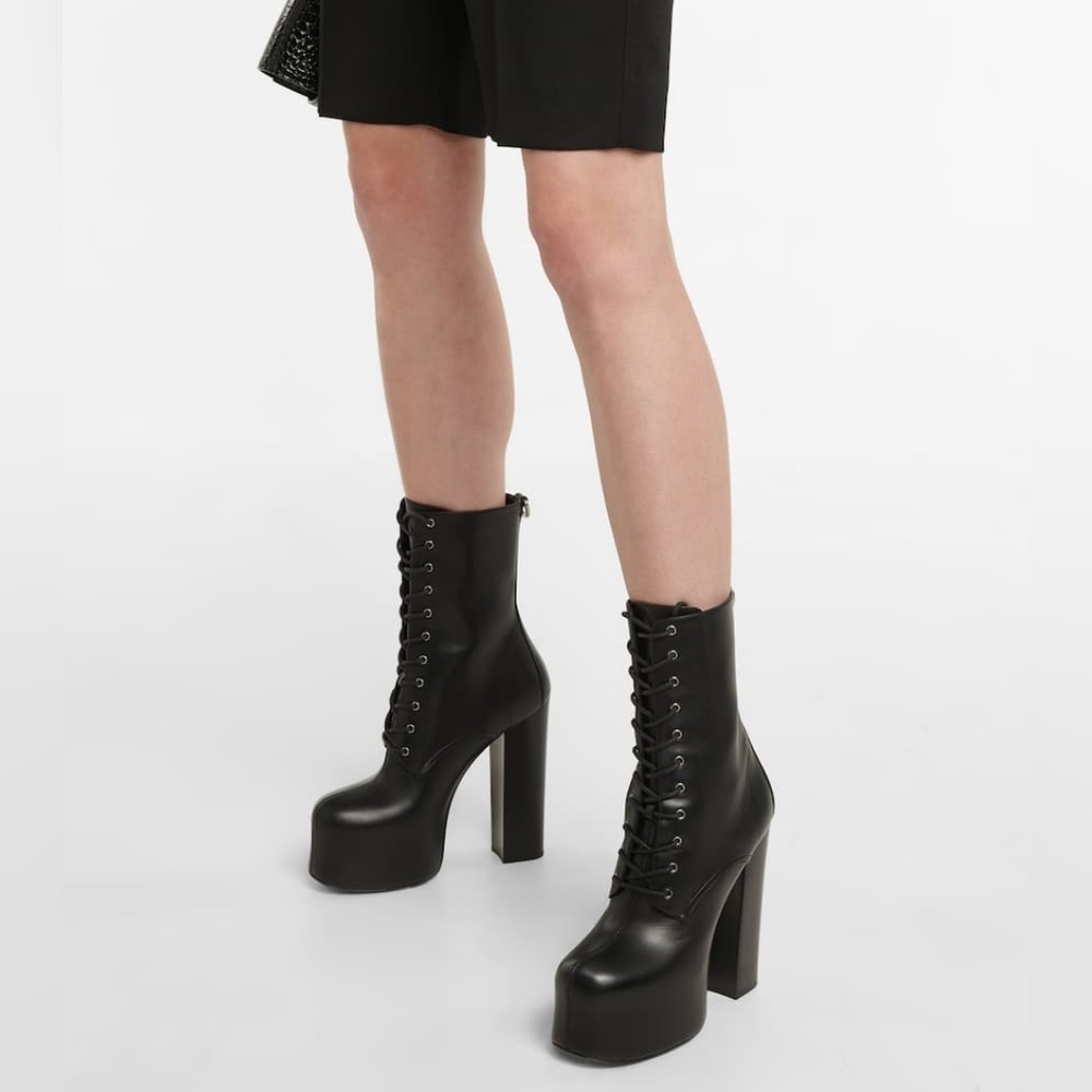 NEW Saint Laurent Mina Black Leather Platform Heeled Lace Up Bootie Size EU 40